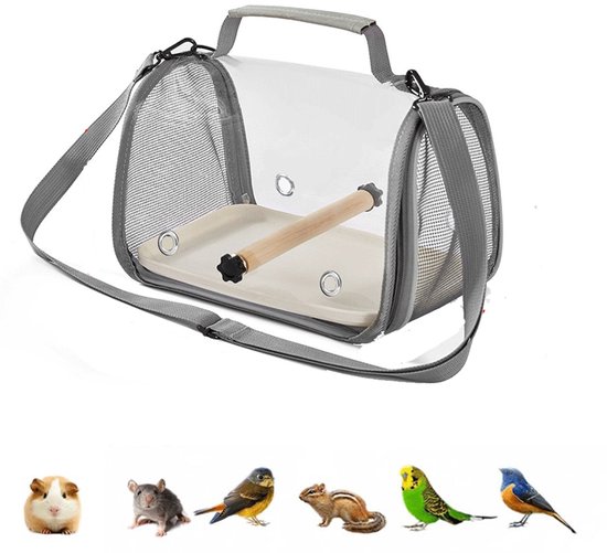 Vogelrugzak -Vogelkooien - Vervoerstas - VogelVervoerstas vogel - Transporttas - Draagbare reiskooi voor vogels - Inclusief lade en standaard - 25.5*19*18cm - Geschikt voor diverse vogels en hagedissen voor onderweg - Grijs