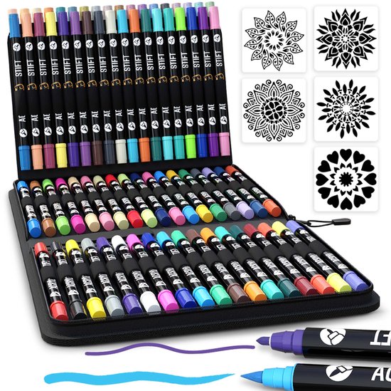 NAPI 72 Acrylstiften Dual Tip - Twinmarkers - Verfstiften Happy Stones - Stenen Schilderen met Acryl Verf Marker Stiften - Volwassenen en Kinderen - Incl. 5 Mandala Sjablonen