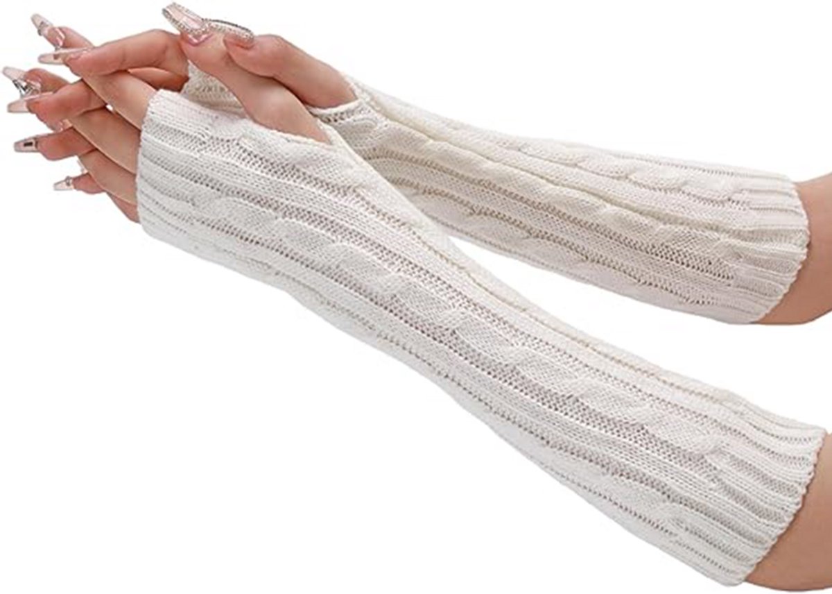 MDUG Lange vingerloze handschoenen voor dames - Wit - One size - Gebreid polsbandje met duimgat - Lange polsband - Vingerloze armmouwen voor volwassenen - Warme vingerloze armmouwen