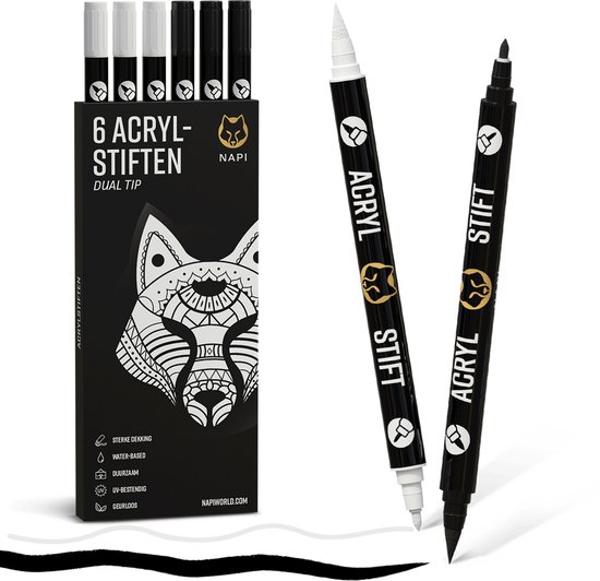 NAPI 6 Acrylstiften Dual Tip - Zwart/Wit - Verfstiften Happy Stones - Twinmarkers - Stenen Schilderen met Acryl Verf Marker Stiften - Volwassenen en Kinderen