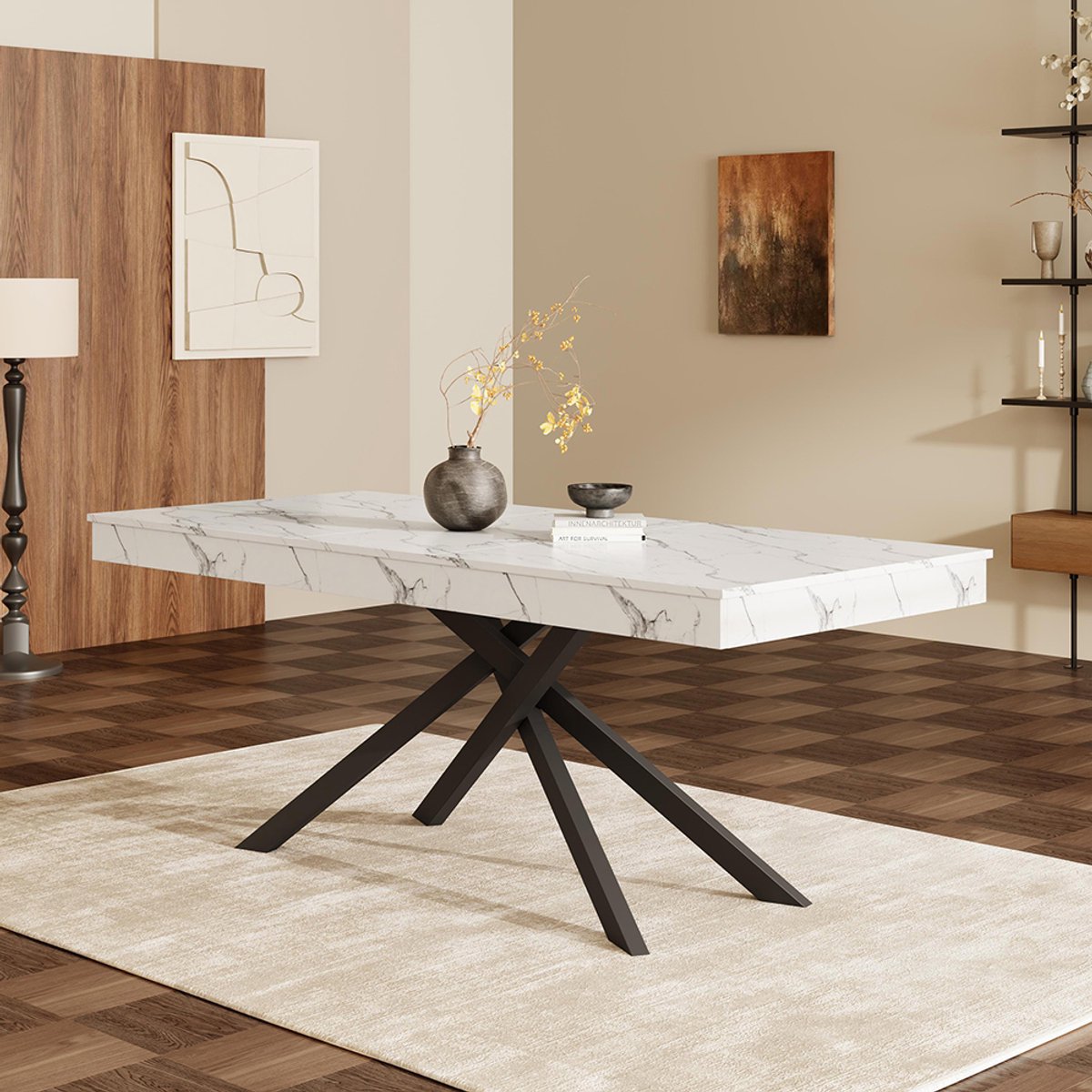 BLACKCOLORS Uitschuifbare eettafel, 140/180*80 cm, voor 6 tot 8 personen, rechthoekig, dik tafelblad, metalen poten, eenvoudige stijl, tafel voor eetkamer, keuken, woonkamer, wit