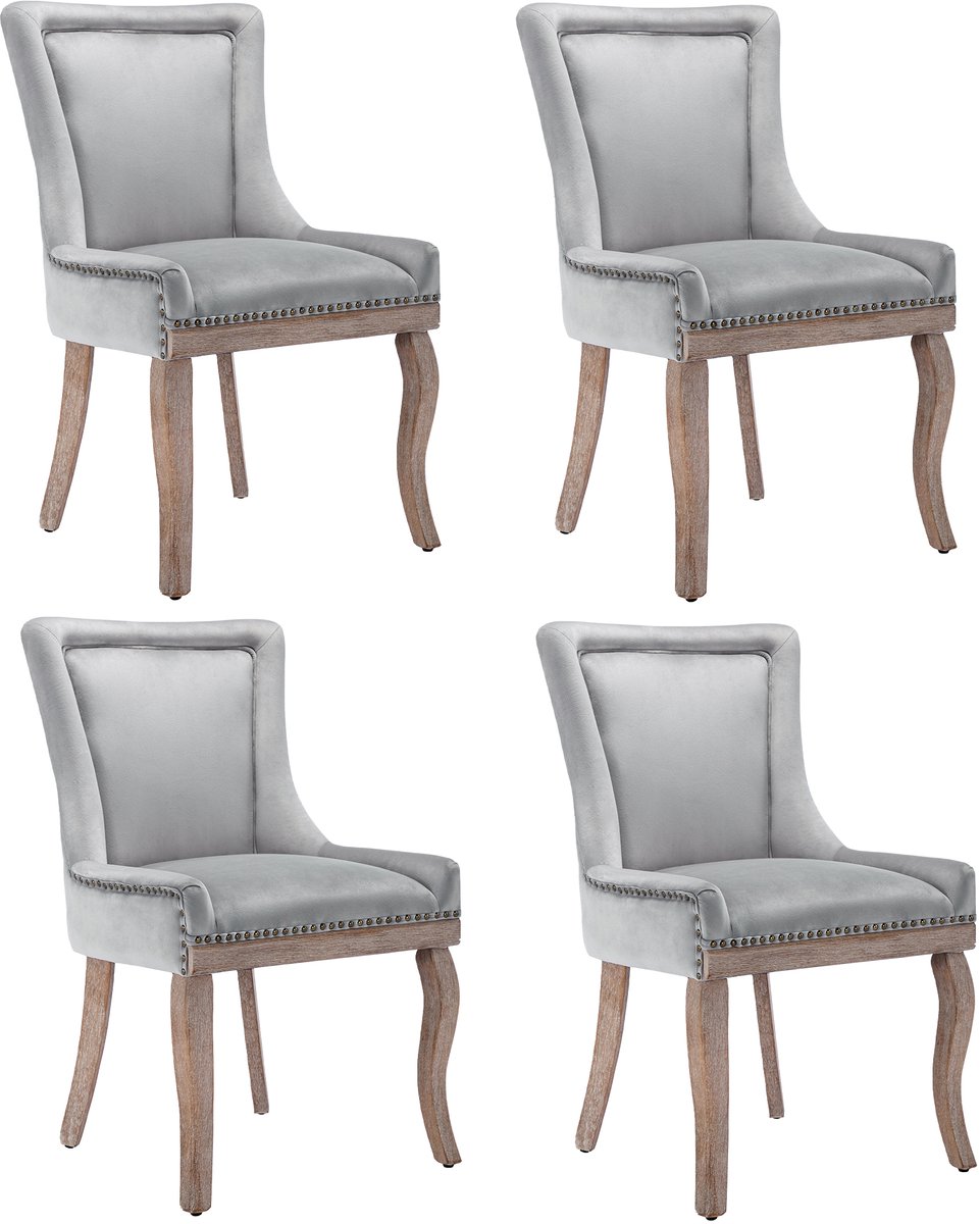 in& out door furniture Luxe eetkamerstoel (Keukenstoel woonkamerstoel, 4 stuks), gestoffeerde stoel met nagelkopversiering, massief houten poten, bekleding van fluweel, grijs