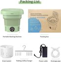 Lichtgroene opvouwbare mini wasmachine met bedieningspaneel, inclusief drainagemand, hanger, stroomkabel en afvoerpijp.