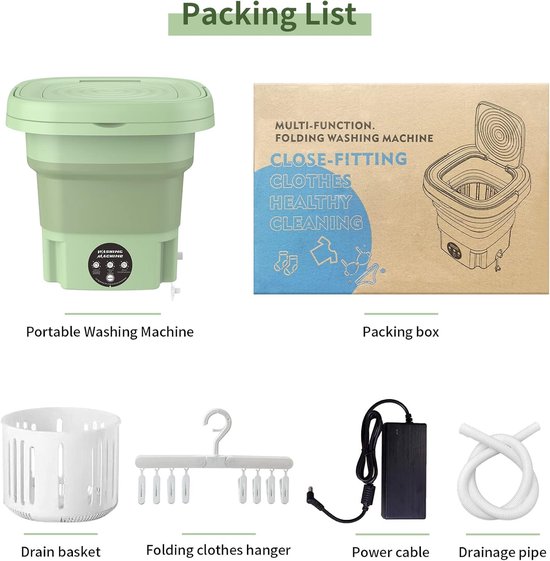 Lichtgroene opvouwbare mini wasmachine met bedieningspaneel, inclusief drainagemand, hanger, stroomkabel en afvoerpijp.