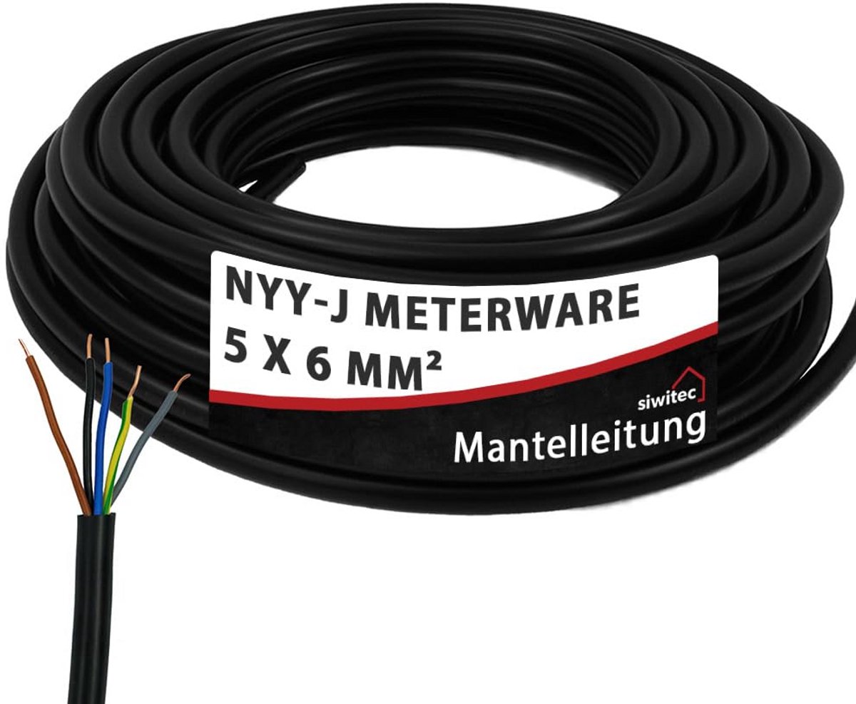 NYY-J kabel 5 x 6 mm² 10 meter - sterkstroomkabel aardkabel op maat - per strekkende meter 3-100 m - PVC grondleiding zwart