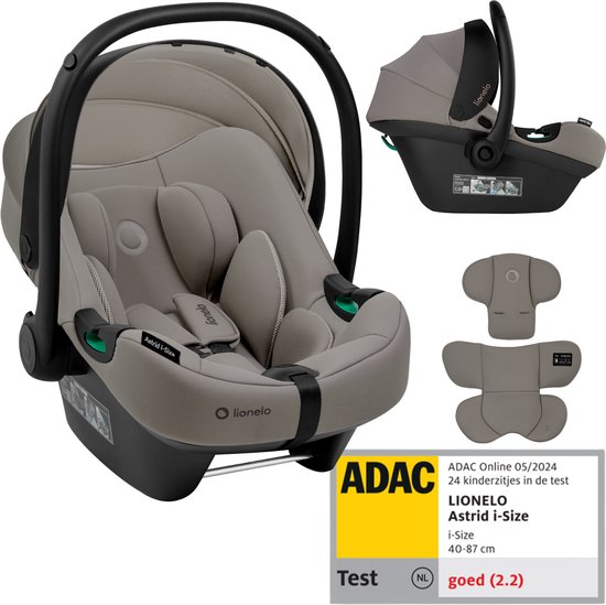 Grijze autostoel met zwarte details, inclusief losse kussens voor pasgeborenen. Met 'ADAC Online 05/2024'.