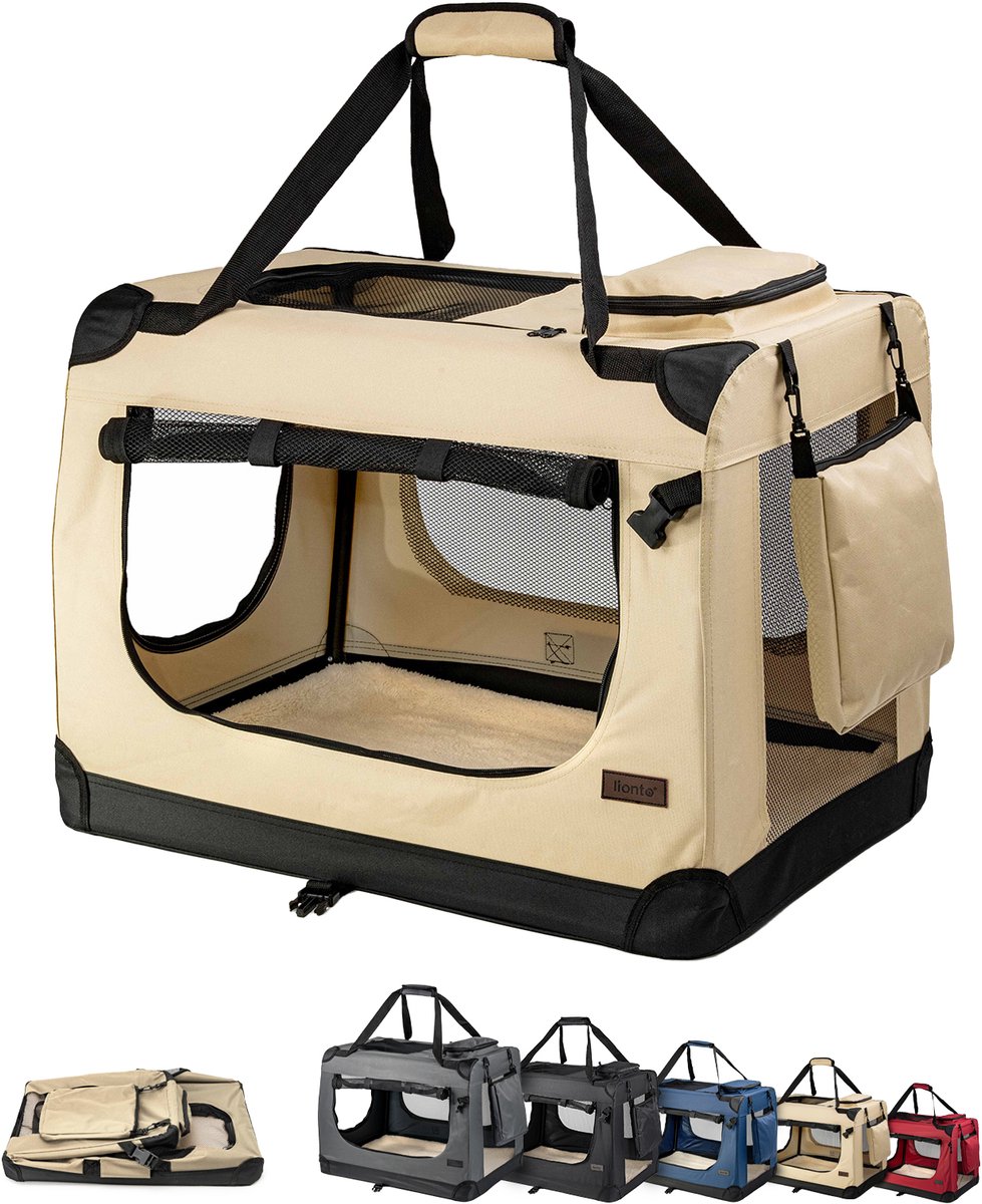 lionto kattentransportbox comfortabel & mesh-ventilatie, beige 60x42x44 cm