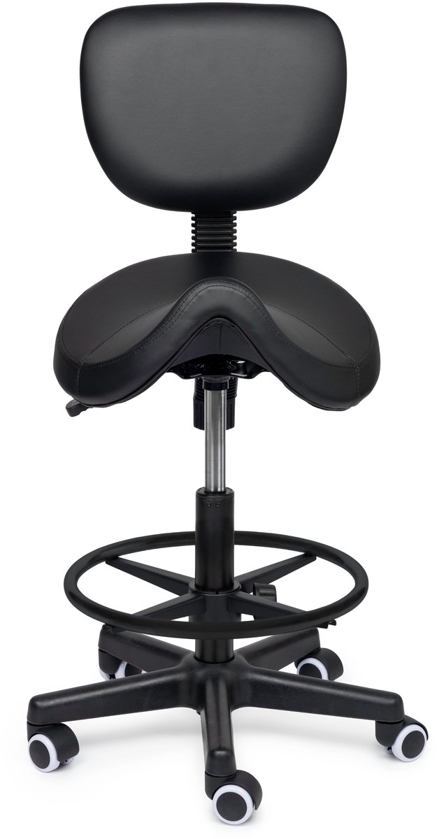 Premium Zadelkruk met Rugleuning / Kapperskruk Zwart – Ergonomische Zadelstoel met 4 cm Koudschuim Zitting, In Hoogte Verstelbaar - Standaard (50-68cm) / Met voetsteun / Standaard wielen