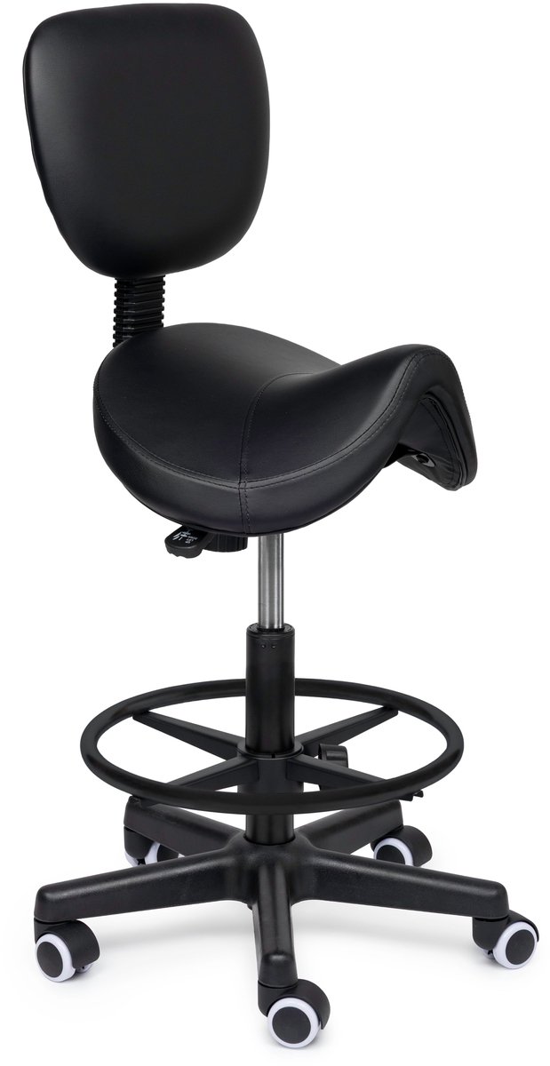Premium Zadelkruk met Rugleuning / Kapperskruk Zwart – Ergonomische Zadelstoel met 4 cm Koudschuim Zitting, In Hoogte Verstelbaar - Laag (40-57cm) / Met voetsteun / Standaard wielen