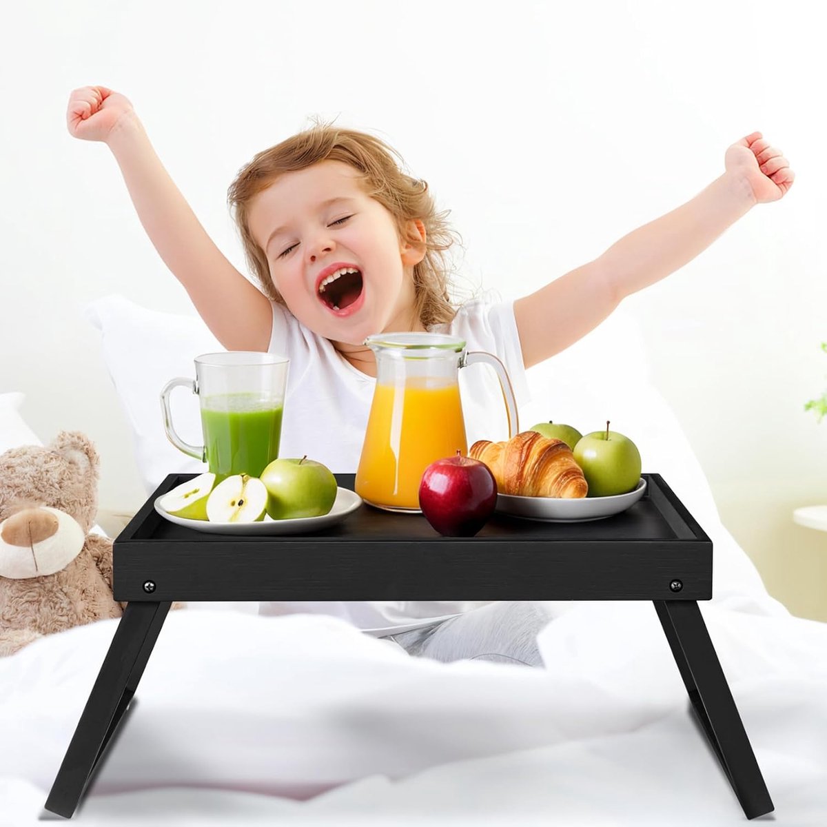 Candala Bamboe bedlade tafel met vouwbeen, ontbijt in bedlade om te eten, keuken serveren, eten, bank, snacken of werken, laptop bureau diner (1, zwart)