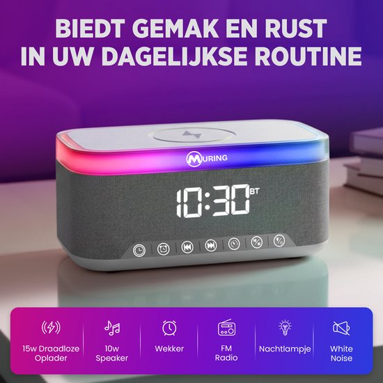 Pure Moment Wekkerradio Met Draadloze Oplader, Wake-up Light, Bluetooth En Geluiden - Kristal Wit