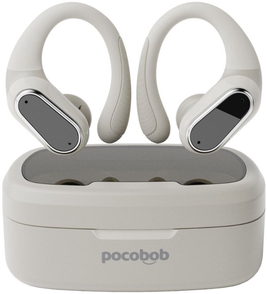 pocobob SP - draadloze sport oordopjes - Beige - hardloop oortjes met oorboog achter oor - bluetooth oordopjes hardlopen