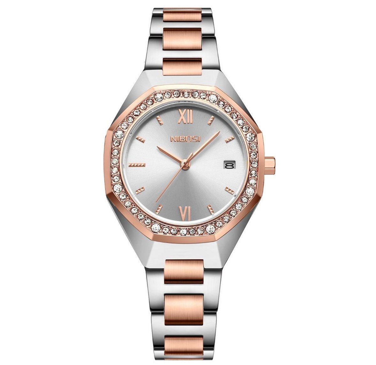 Nibosi - Dameshorloge - Polshorloge - Dames - Horloge - Horlogedoos - Vrouwen - Zilver Rosé Parelmoer - RVS - Diamonds