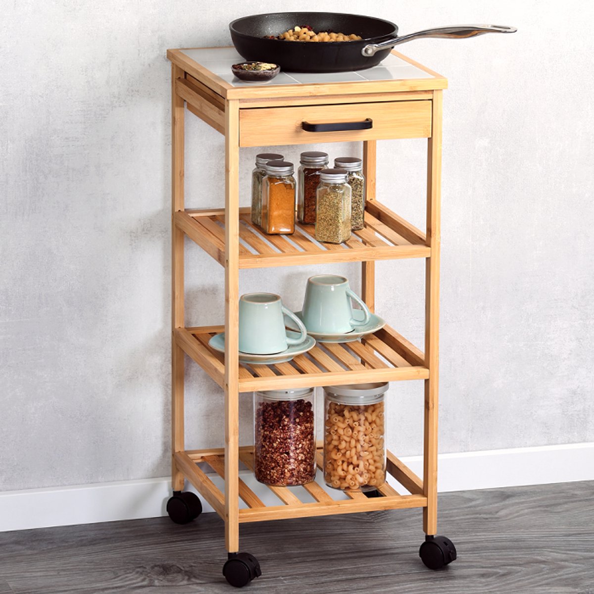 Bamboe keukenwagen 34x34x73 cm met lade en planken op wielen