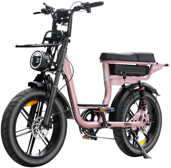 Roze gouden QmWheel V20 Comfort Fatbike met dikke banden, voorrek en zwarte zadel.