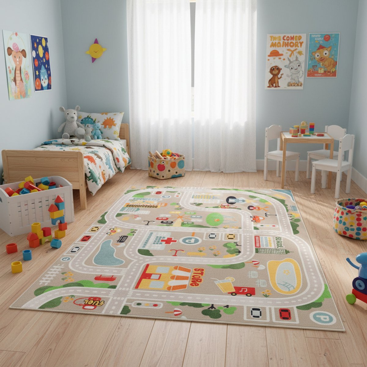 Tapiso Joy Vloerkleed Straat Auto Speelkleed voor Kinderkamer Jongens Beige Autotapijt Laagpolig Antislip Educatief Kindertapijt - 180x250