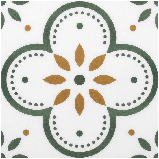 Een enkele tegel met een wit oppervlak, versierd met groene en goudkleurige bloem- en stipmotieven. Een centraal goudkleurig bloempatroon met vier groene cirkels eromheen.
