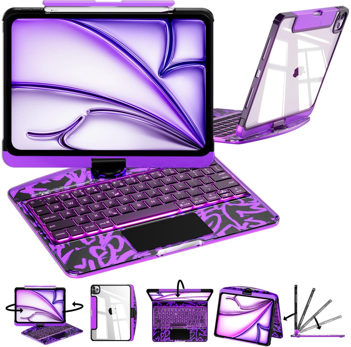 Namajunas - Tablet toetsenbord - Toetsenbordhoes geschikt voor iPad Air 11-inch (M3 2025 / M2 2024) Ipad Air 4/5 10.9 & Pro 11 (2018-2022) - 7-kleuren achtergrondverlichting - 360° Draaibaar - Multi-Touch Trackpad - Penhouder - Cyberpunk-stijl - Case