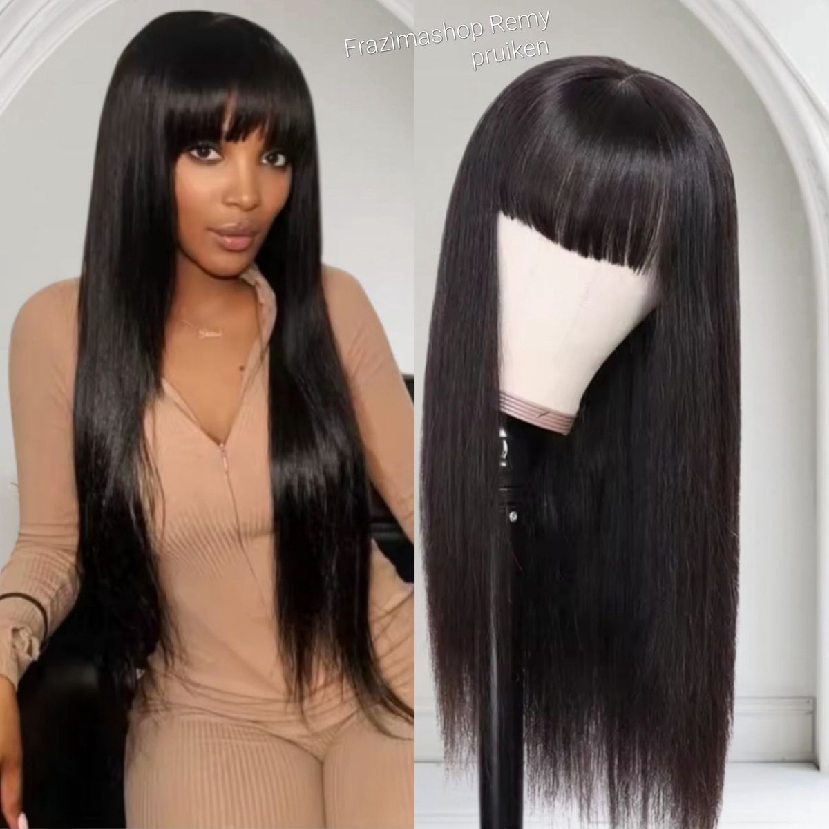 Frazimashop- Pruik dames echt haarstuk - Pruik lang haar 24 inch - Braziliaanse Remy pruiken- Haarwerken echt haar - -donkerbruine steil echt haa -24 inch steil pruik met pony - real human hair none lace wig
