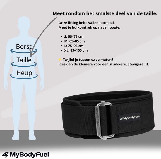 Illustratie van de tailleomtrek en een zwarte MyBodyFuel liftriem. Maatinformatie voor de riem.