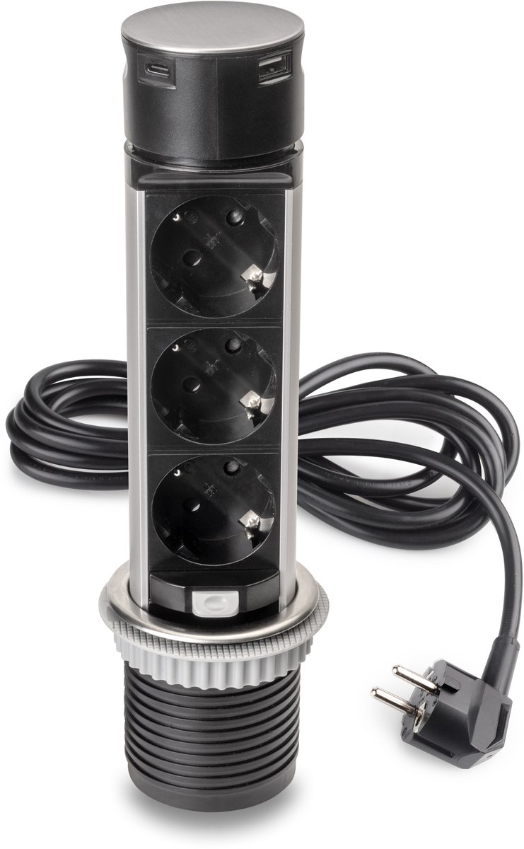Emuca Vertikal Push 60 uitschuifbare multi-connector, diameter 60 mm, 3 x Schuko-plug, 1 x USB Type