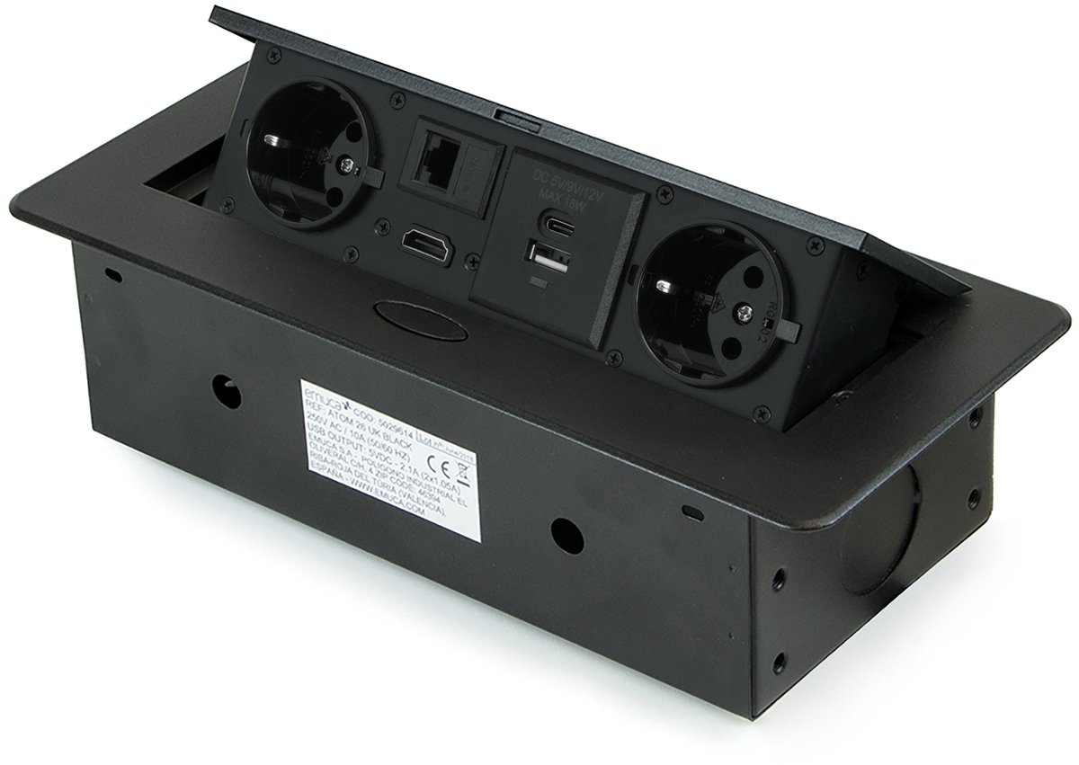 Emuca Multiconnector Atom 26, 225x111mm, 2 Schuko stekkers, 1 USB Type A, 1 USB Type C, 1 RJ45, 1 HD