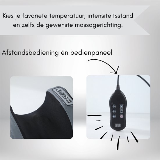 Zwart massagekussen met bedieningspaneel, met een zwarte afstandsbediening.