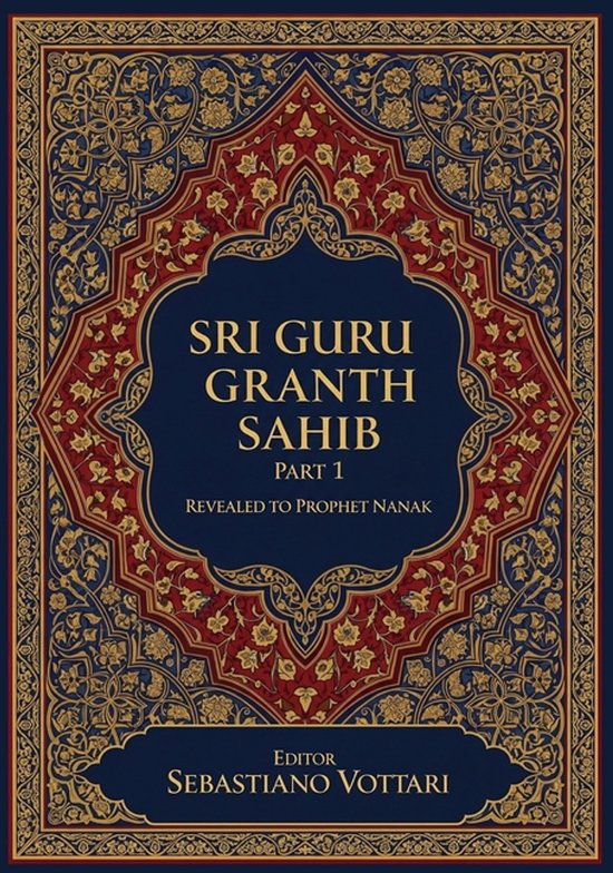 Livre avec une couverture ornée, bleu et rouge, aux ornements dorés. Titre : SRI GURU GRANTH SAHIB PART 1.