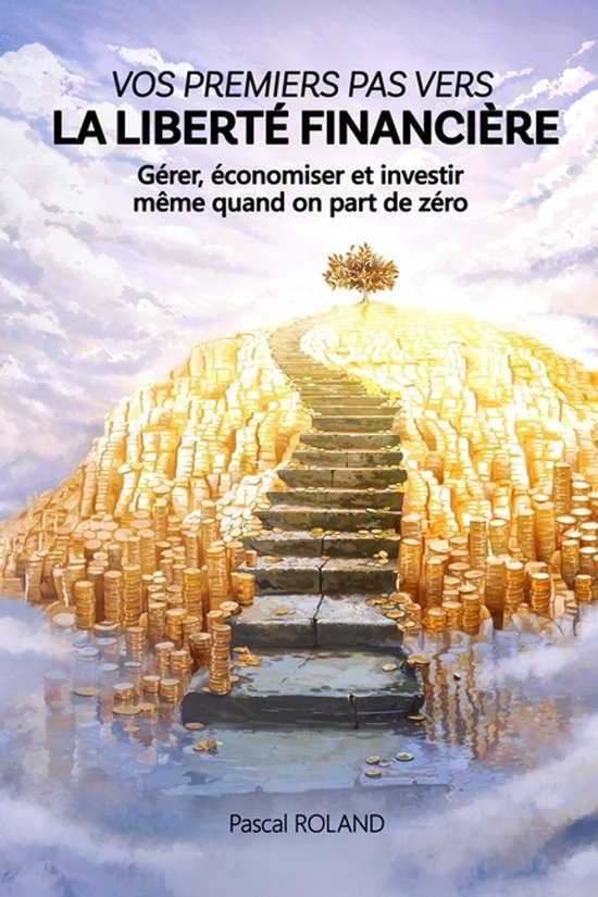 Un escalier monte sur des piles de pièces vers un arbre, avec le texte "Vos Premiers Pas Vers La Liberté Financière".