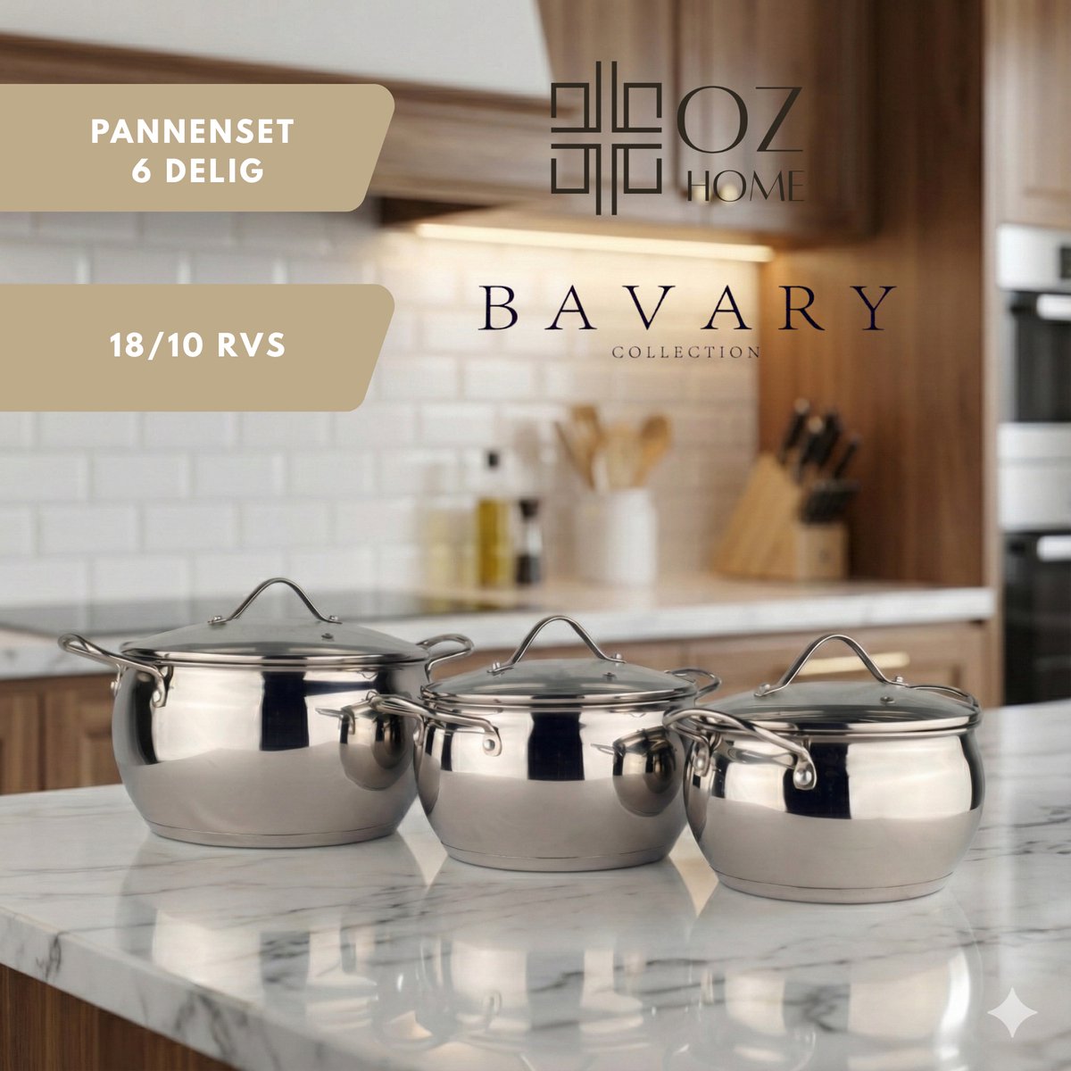 OZ Home Bavary Apple Pannenset – 6-delig – 18/10 RVS – Inductiegeschikt – Met Glazen Deksel – Ruimtebesparend