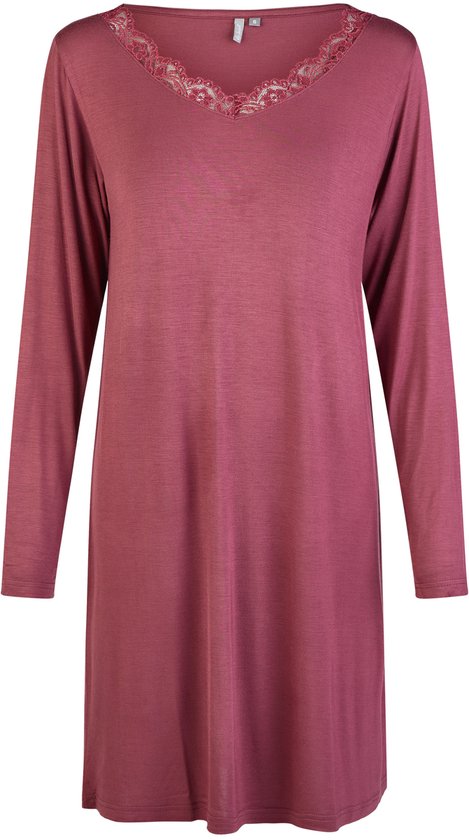 By Louise Dames Nachthemd V-Hals Met Kant Lange Mouw Bamboe Viscose Effen Bordeaux Rood - Maat M