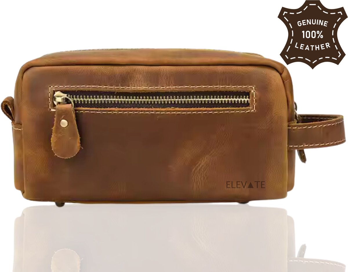 Elevate® Luxe Leren Toilettas – Handgemaakt Crazy Horse Leer – Compact & Duurzaam – Heren & Dames – Vintage Bruin