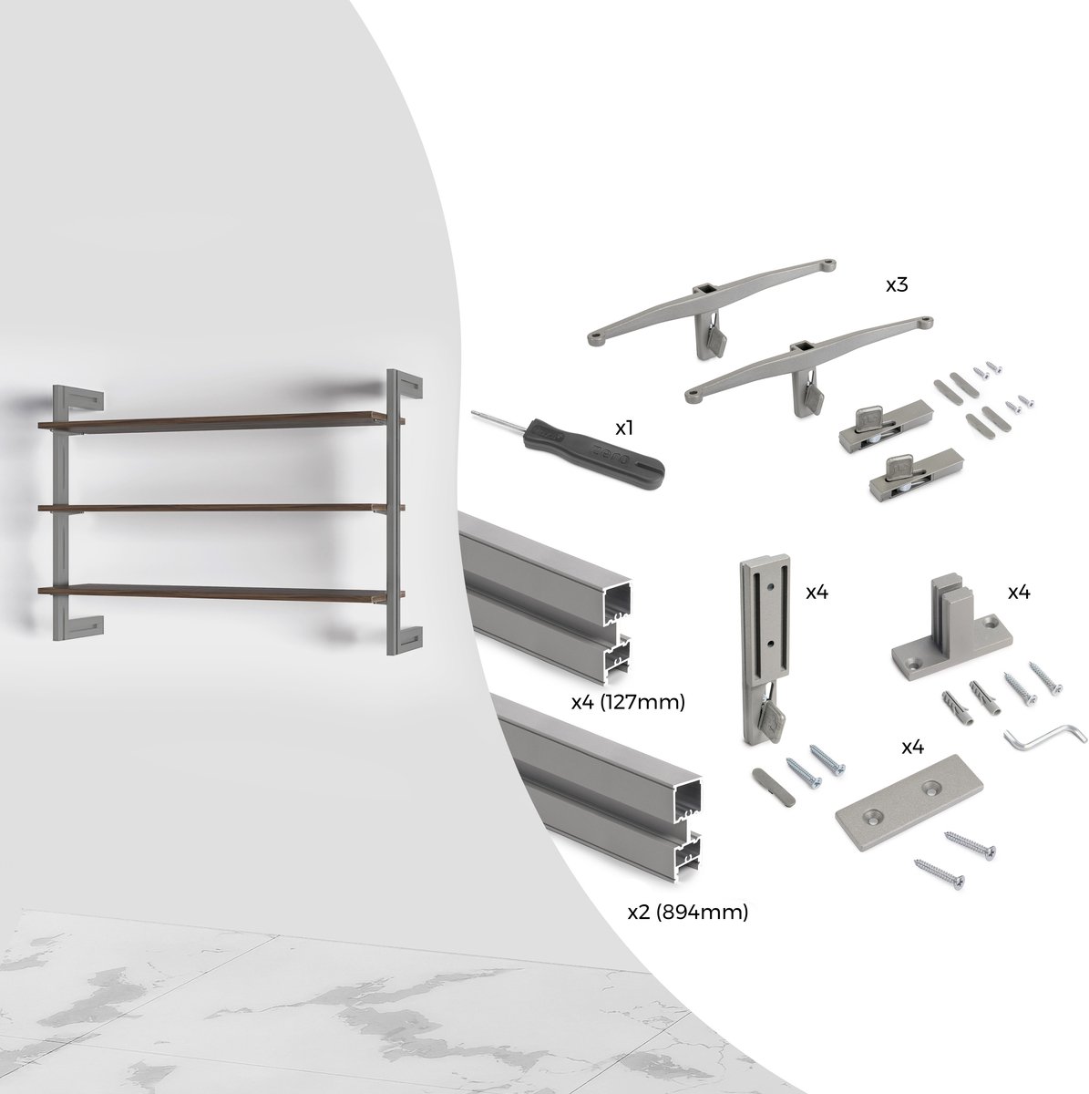 Emuca Modulair frame Zero, met muurbevestiging, Aluminium en Zamak, Getextureerd zwart gelakt