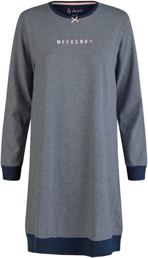 By Louise Dames Nachthemd Lange Mouw Donkerblauw Gestreept - Maat L