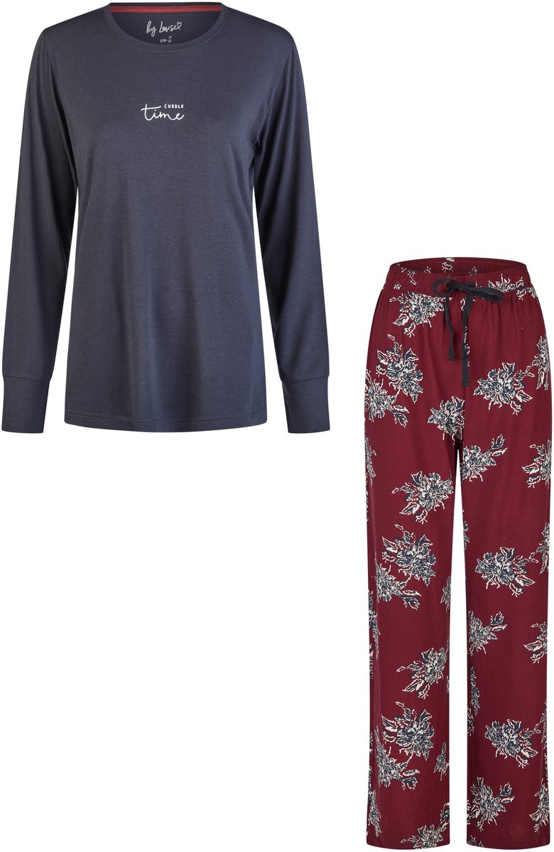 By Louise Dames Pyjama Set Lang Modal/Bamboe Viscose Donkerblauw/Bordeaux Rood Gebloemd