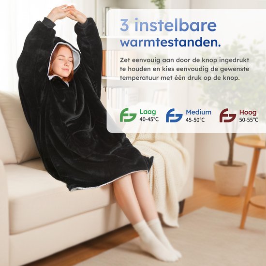 Couverture chauffante à capuche – 3 niveaux de chauffage – Batterie 10 000 mAh – Polaire – Taille unique – Zwart – par Saaf