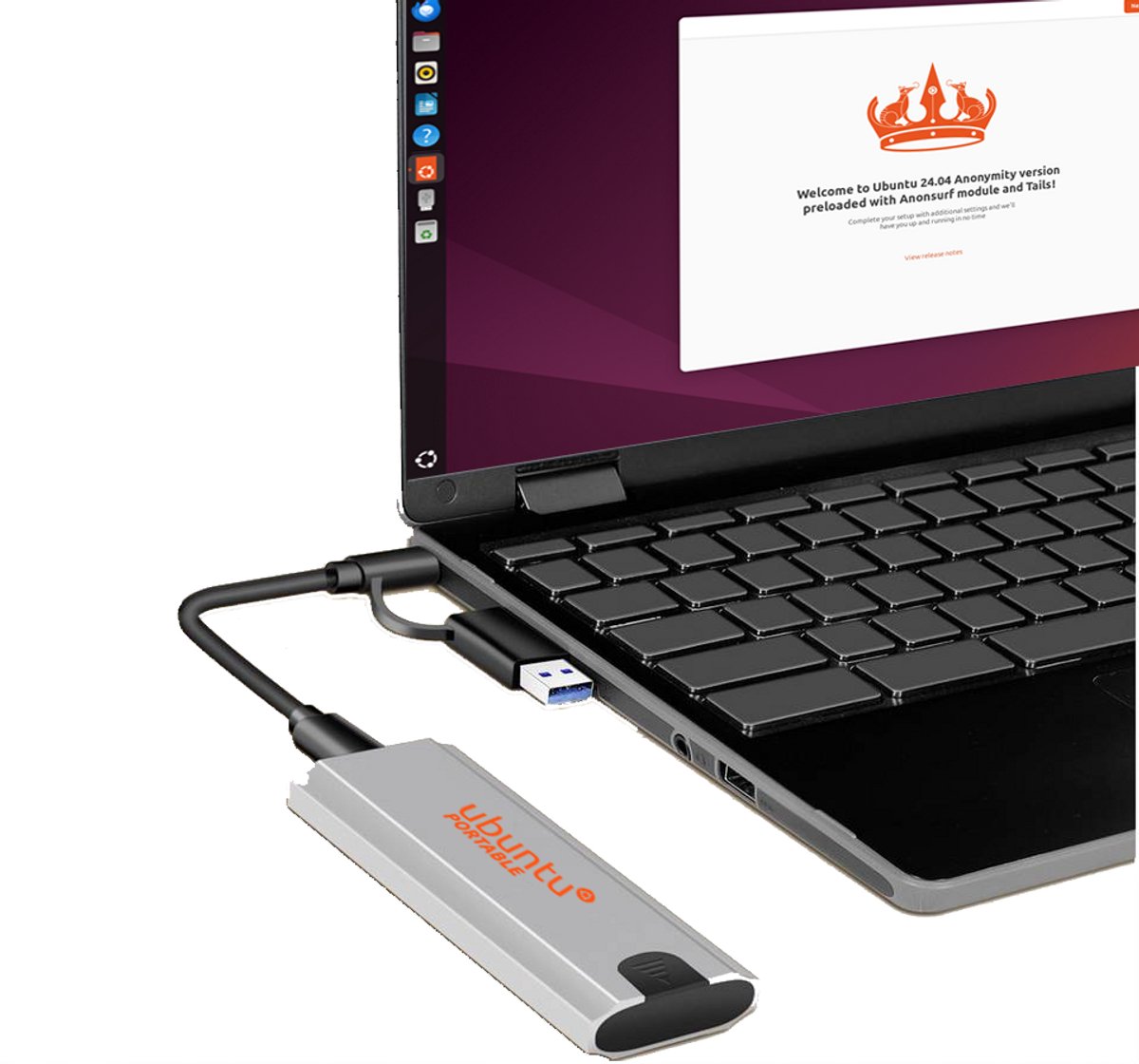 Draagbare externe SSD M.2 met Ubuntu 24.04 voorgeïnstalleerd + AnonSurf Module