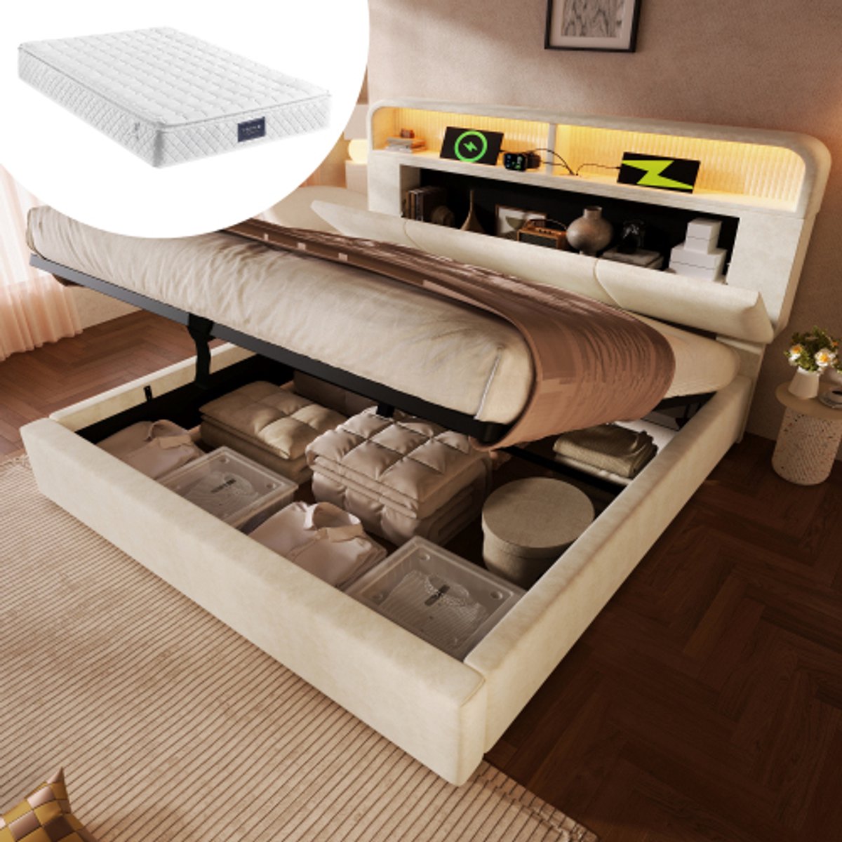 Gutent Gestoffeerd tweepersoonsbed 160x200 cm-met in hoogte verstelbaar opberghoofdeinde-beige-met matras