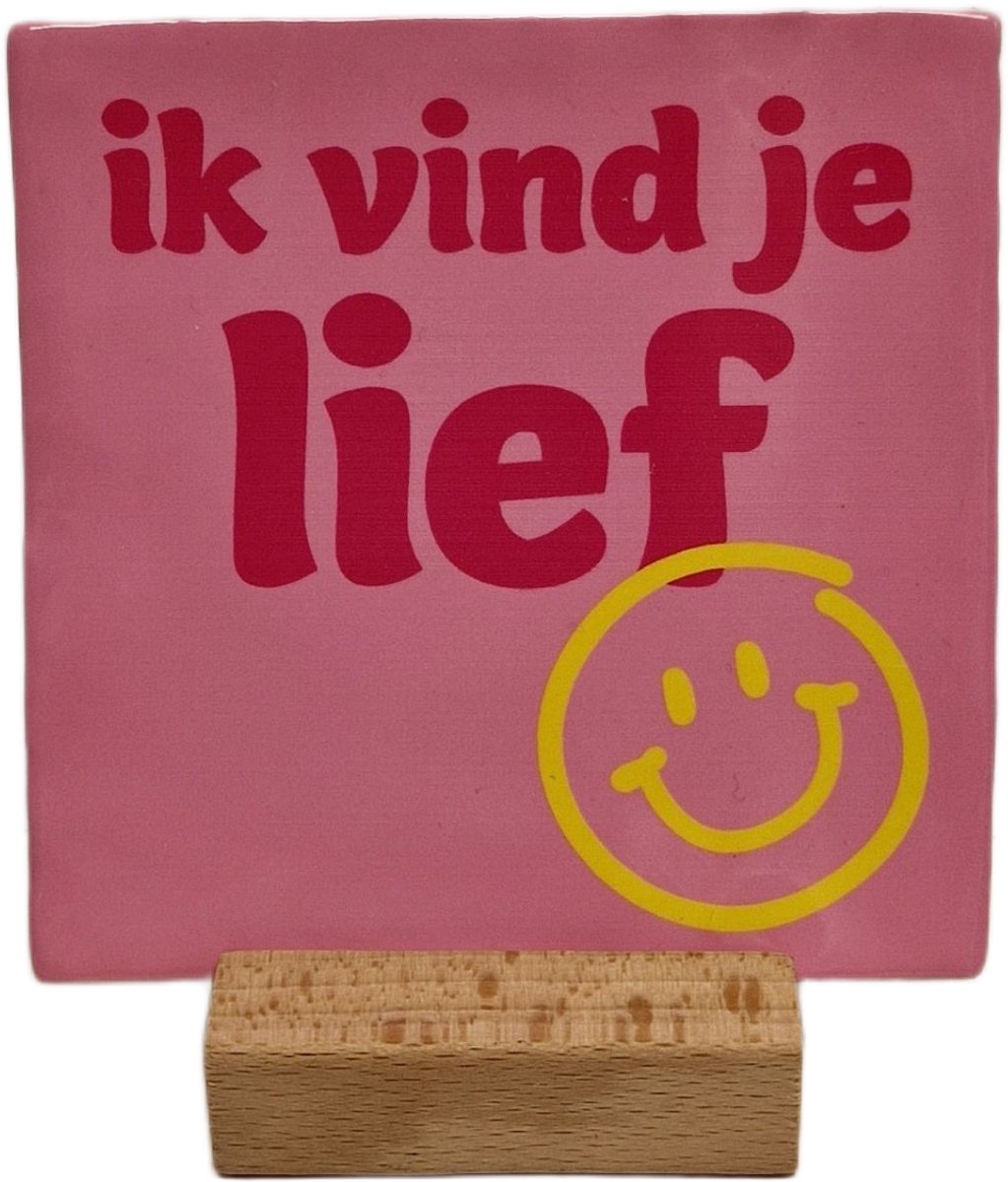 Artige Decoratie tegel met tekst - Ik vind je lief - keramisch - 10x10 cm - inclusief houder Roze