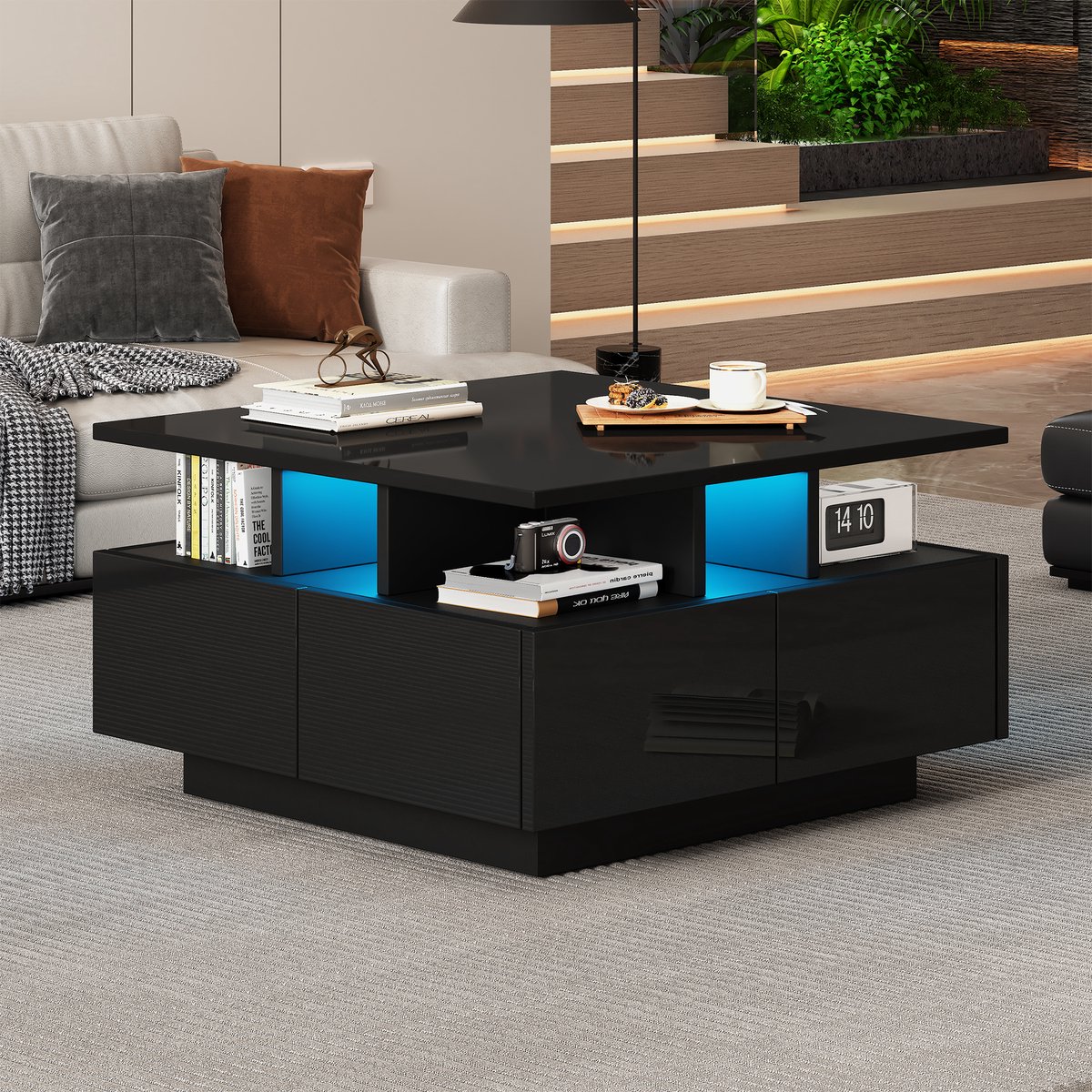 Wishdor Kubus-salontafel 70 x 70 x 40 cm hoogglans met app-gestuurde LED, 4 lades, zwart, draagvermogen 30 kg