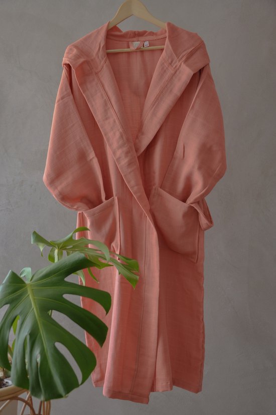 Ederlezi - Dunne Spa Badjas/Ochtendjas met Capuchon -Mousseline - %100Katoen - Roze - S/M