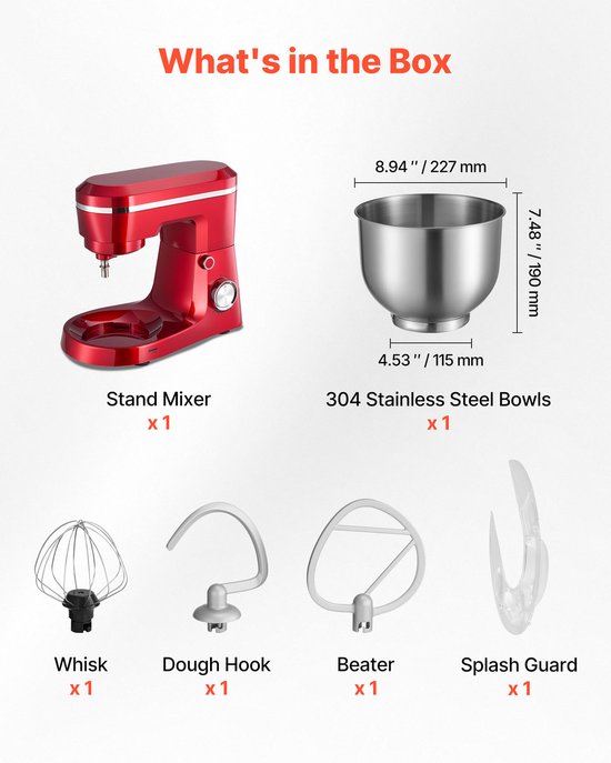 5,7 L Elektrische Standmixer, 1500W Keukenapparaat met 10 Instelbare Snelheden, Kantelbaar Kopontwerp, Roestvrijstalen Kom, Deeghaak, Garde en Klopper voor Bakken, Mixen, Kloppen en Kneden, Zilver van Acekool — afbeelding 5