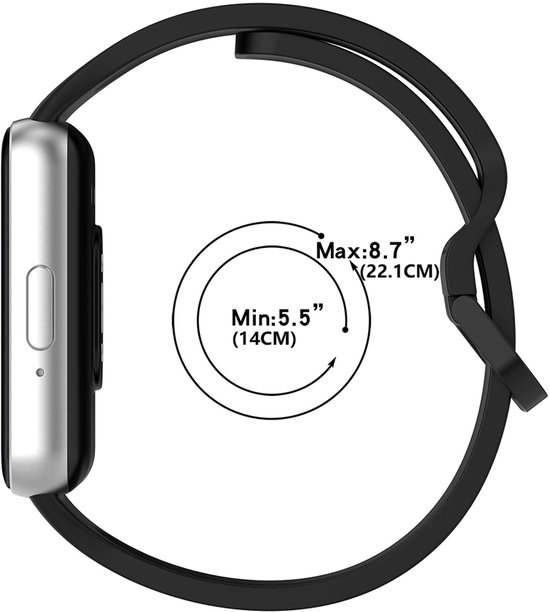 Zilverkleurige smartwatch met zwarte band, met cirkels die minimale en maximale polsomtrek aangeven.