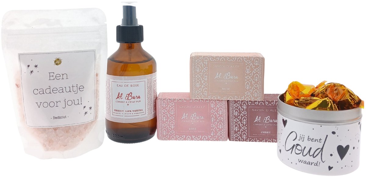 Al Bara Rozenwater Cadeauset – 3 Syrische Zepen, Badzout & Snoepblikje – Luxe Verwenpakket voor Vrouwen