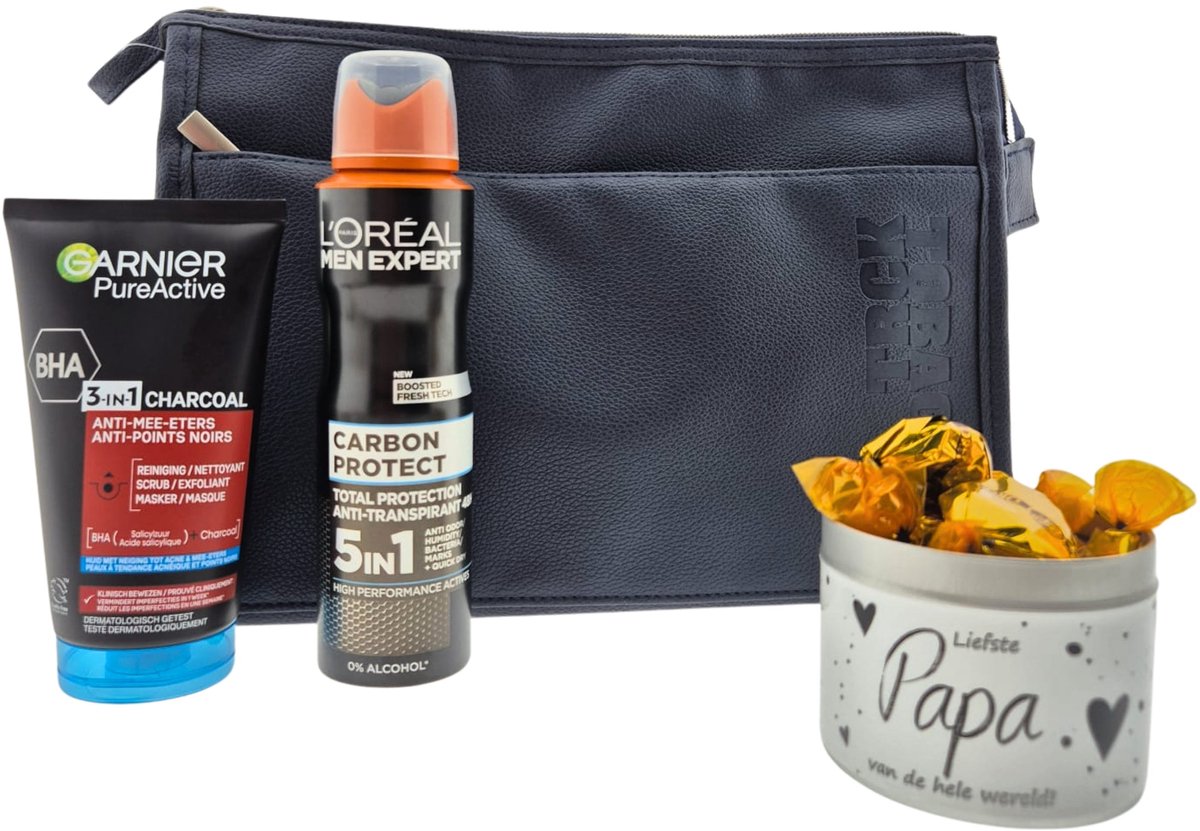 L’Oréal Men Expert Carbon & Garnier Heren Cadeauset – Deospray, Reinigingsgel 3-in-1 & Toilettas + Snoepblikje “Liefste Papa” – Cadeau voor Mannen