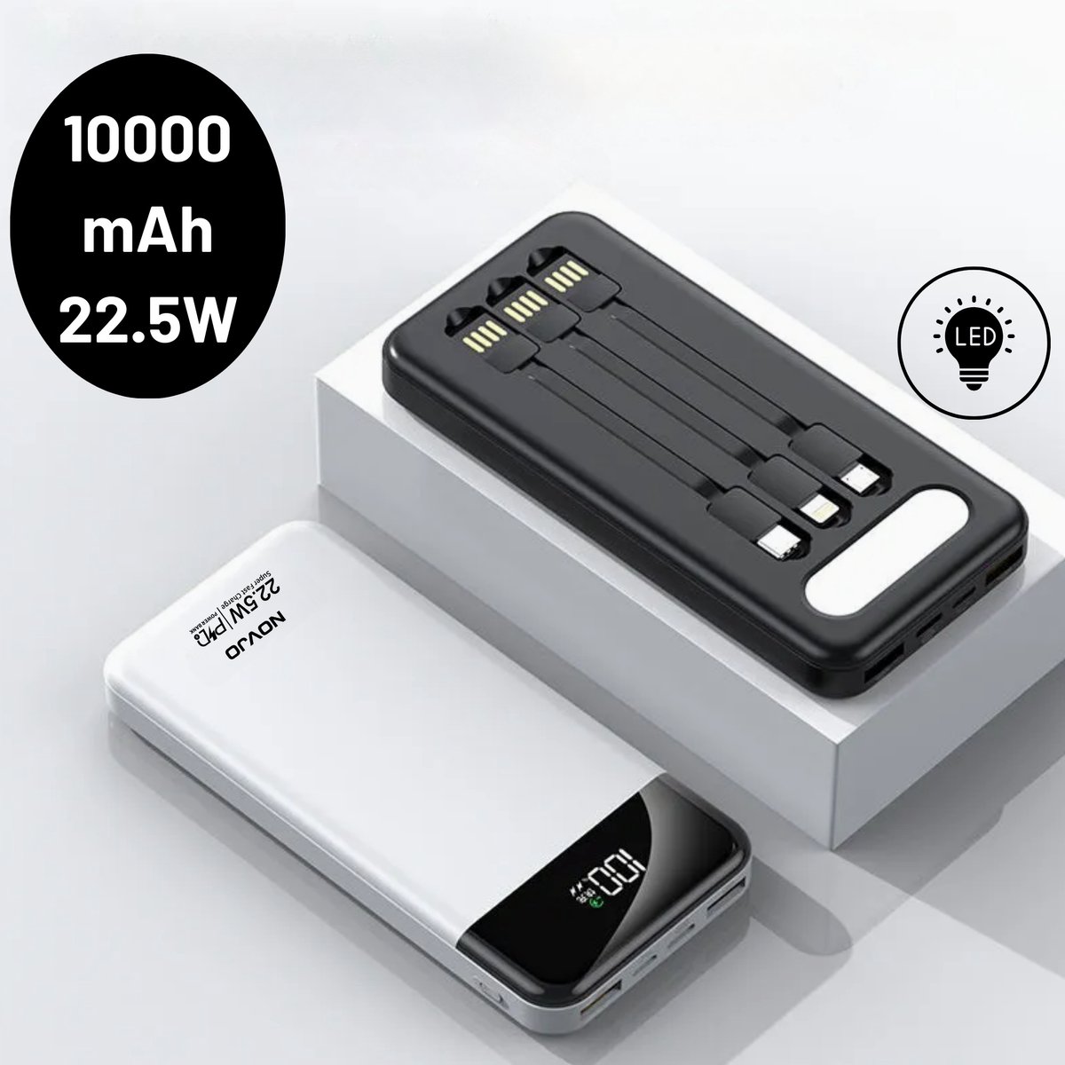 NOVJO® Powerbank 10000mAh – 22.5W Supersnelle Oplader met Ingebouwde Kabels en LED-Lamp – Geschikt voor iPhone en Samsung – Wit