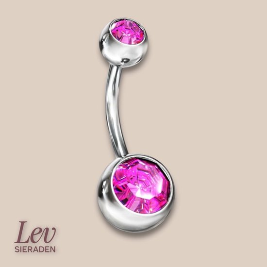 Lev Bijoux - Piercing nombril avec boule de 4 et 6 mm avec pierre 1,6x12 mm en acier chirurgical - Couleur pierre rose