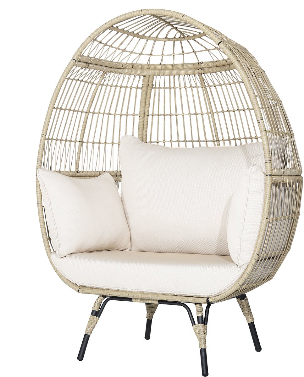 COSTWAY Ligstoel, rieten stoel in eivorm met 4 kussens, loungestoel, polyrotan metalen frame, belastbaar tot 205 kg, rotan stoel voor terras, tuin, woonkamer