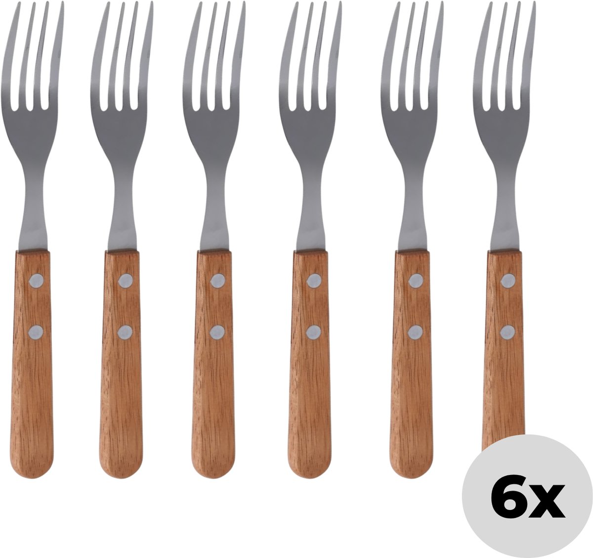 Lomera Steakvorkenset - 6-Delig - Roestvrij Staal - Houten Handvat - 19,5 Cm - Perfect Voor Barbecue - Gourmetten - Tafelvorken - Bbq Vorken - Set Van 6 - Keukenbestek - Bruine Handvatten - Steak Vorken - Vork Set