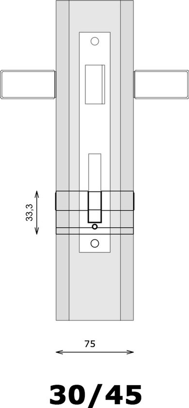 Technische tekening van een cilinderslot met de maat 30/45.